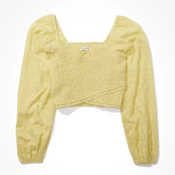 AE Long-Sleeve Smocked Blouse - Long Sleeve Yellow Floral Crossed Top - Picture 1 of 4